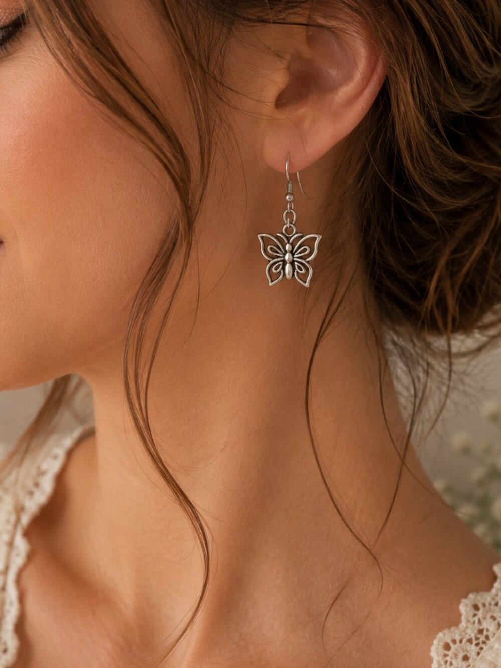 Antiqued Silver Butterfly Dangle Earrings Cutout Boho Romantic